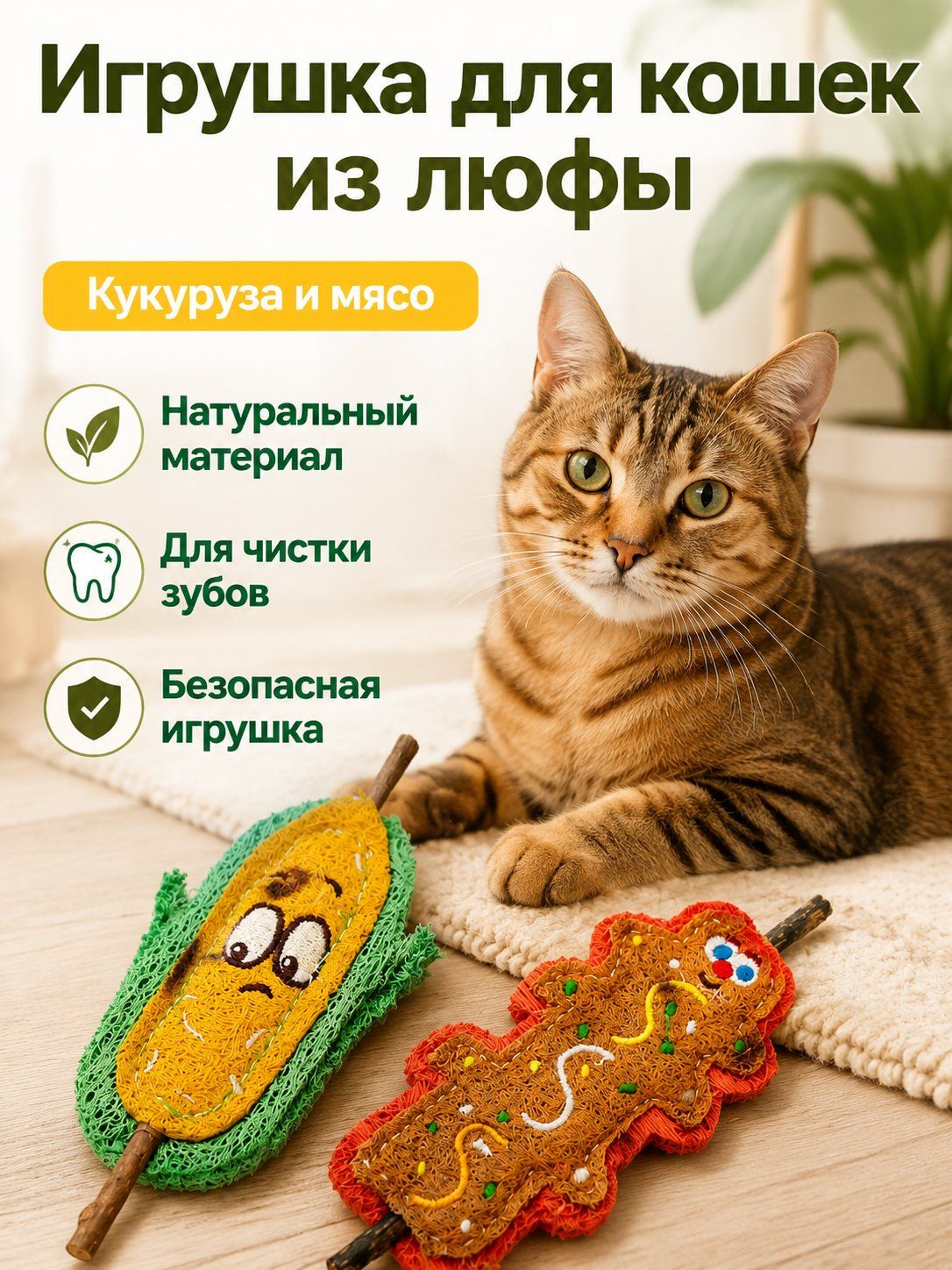 Набор игрушек для кошек из люфы из 2 предметов: шашлык из кукурузы и мяса, жевательные палочки для чистки зубов