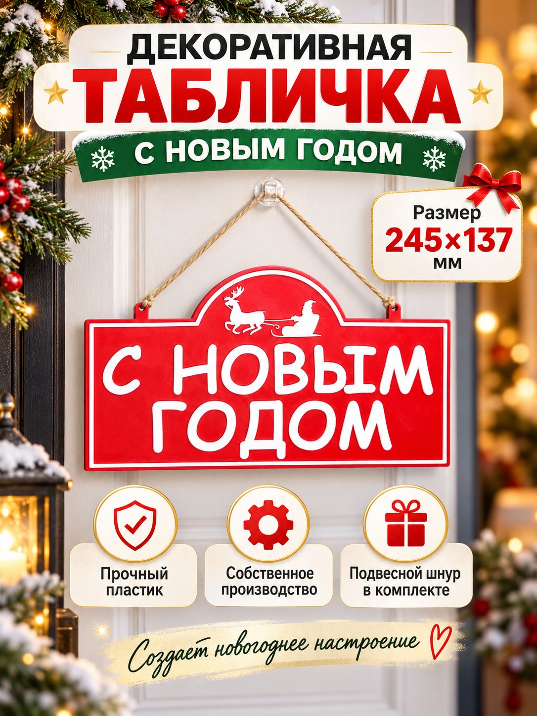Табличка декоративная на дверь "С Новым годом"/ новогодний декор для дома