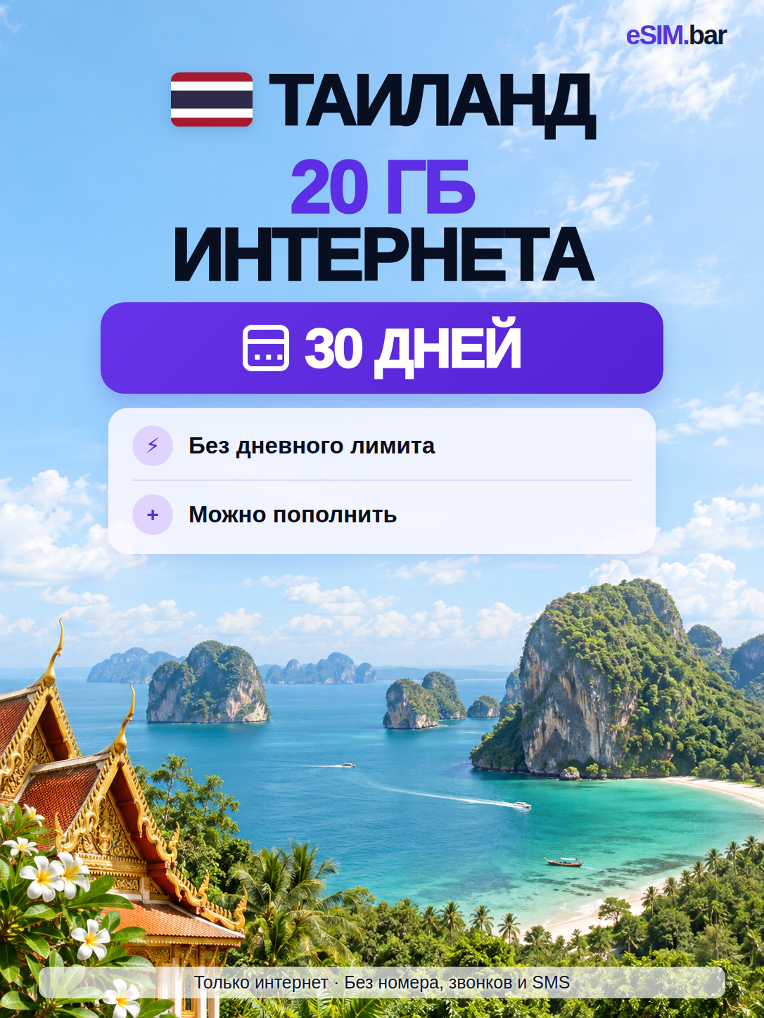 ESIM для Таиланда — интернет 20 ГБ на 30 дней, виртуальная SIM-карта