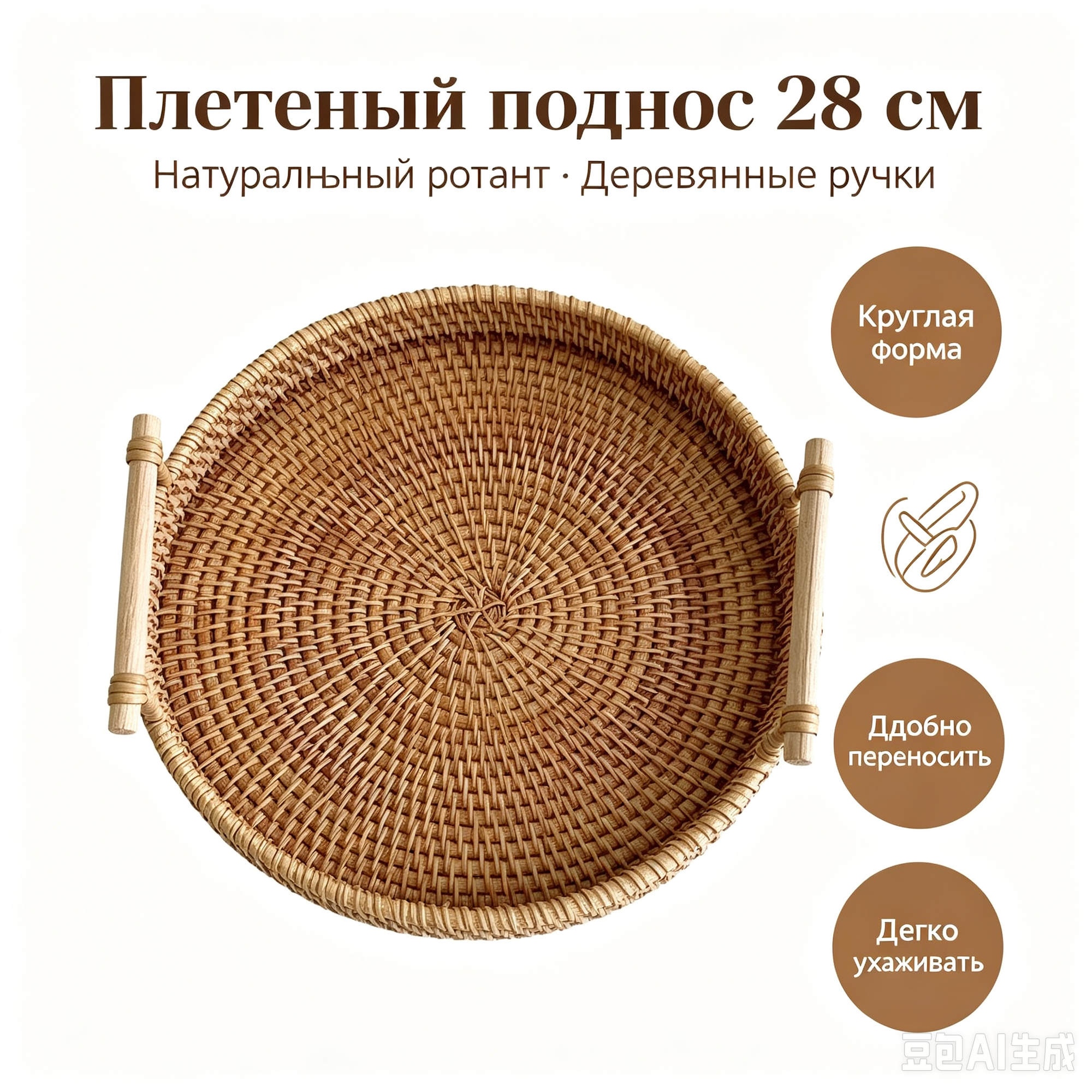 Декоративный плетеный поднос 28 см с ручками, натуральный ротанг