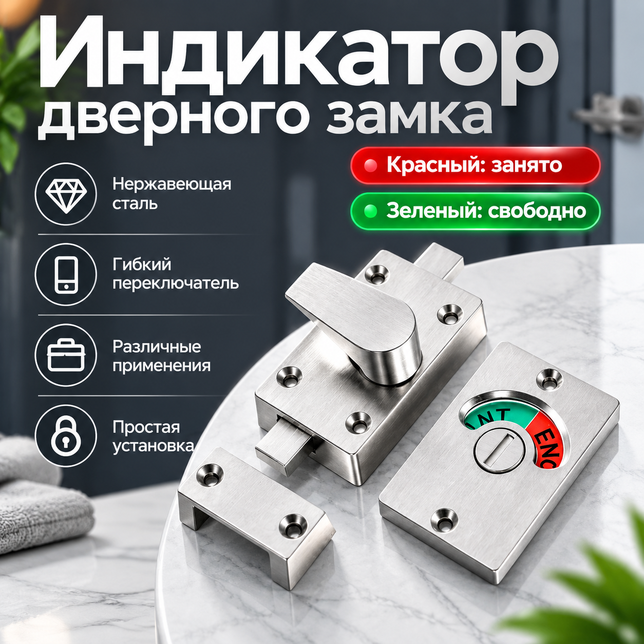 Индикатор занятости двери из нержавеющей стали, красный/зеленый, 67x42 мм, для офиса, санузла, гардеробной