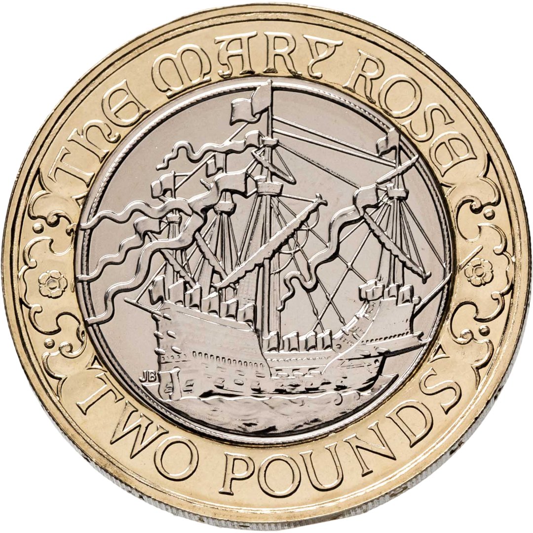 Великобритания 2 фунта pounds 2011 "500 лет со дня спуска на воду Мэри Роуз", Биметалл, в сохранности BUNC