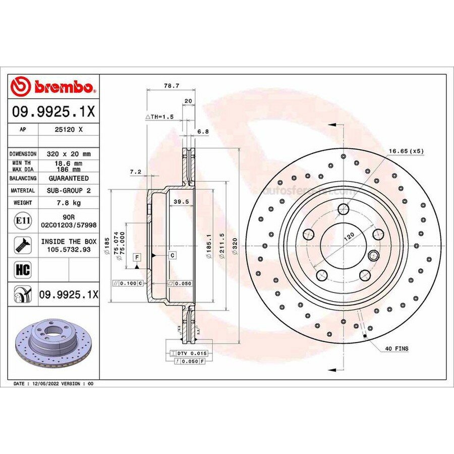 BREMBO 0999251X Диск тормозной задний перфорированный