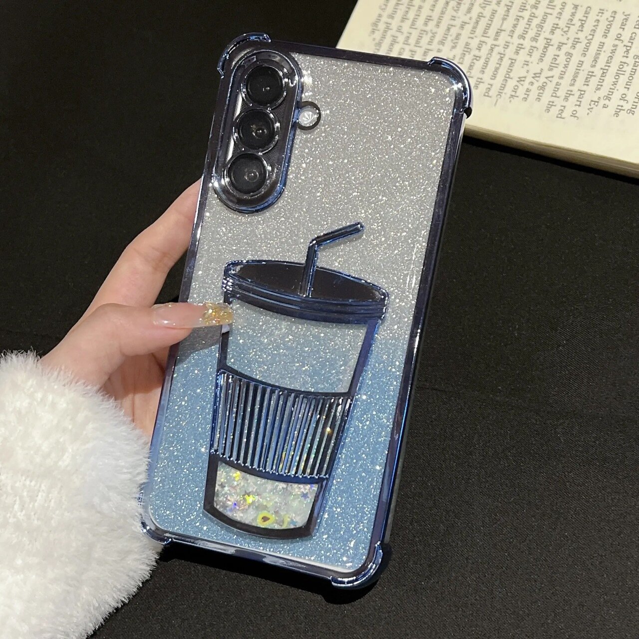Голубой Блестящий Чехол С Жидким Песком И Чашкой Милк-Тэа Для Samsung S21 Ulitra Защитный