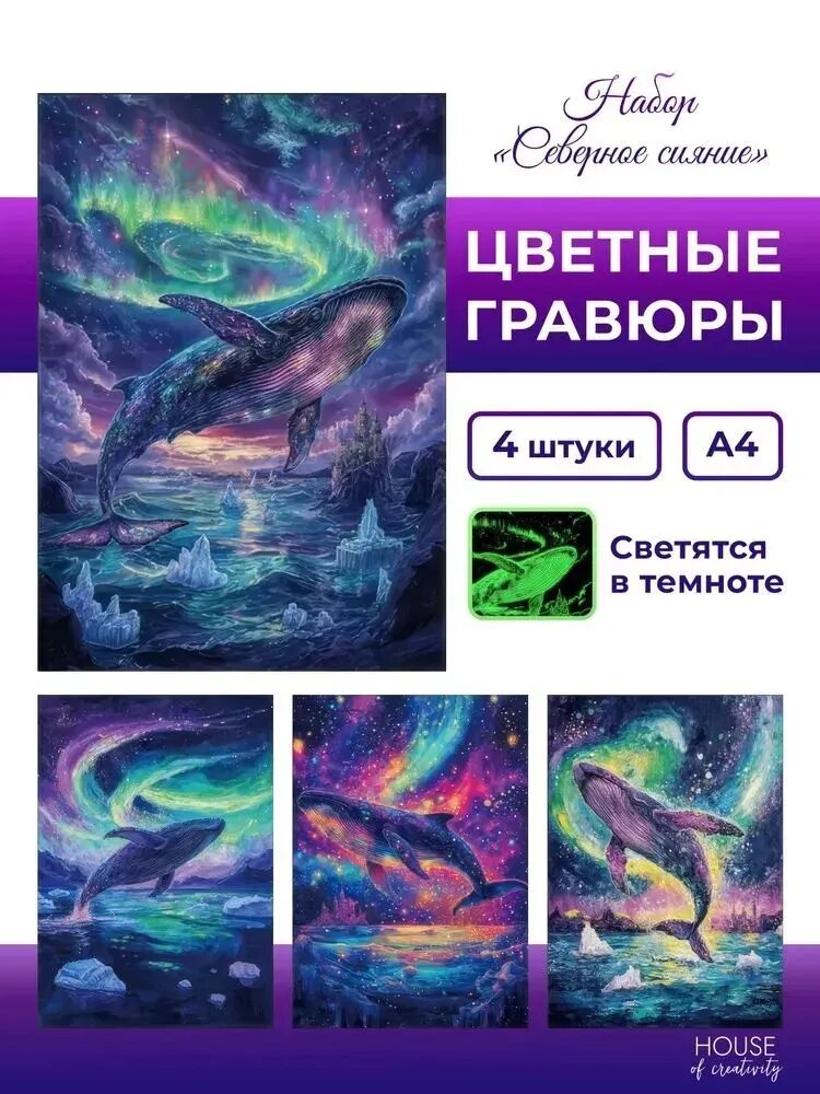 Набор цветных гравюр Северное сияние (4 картины формата А4)