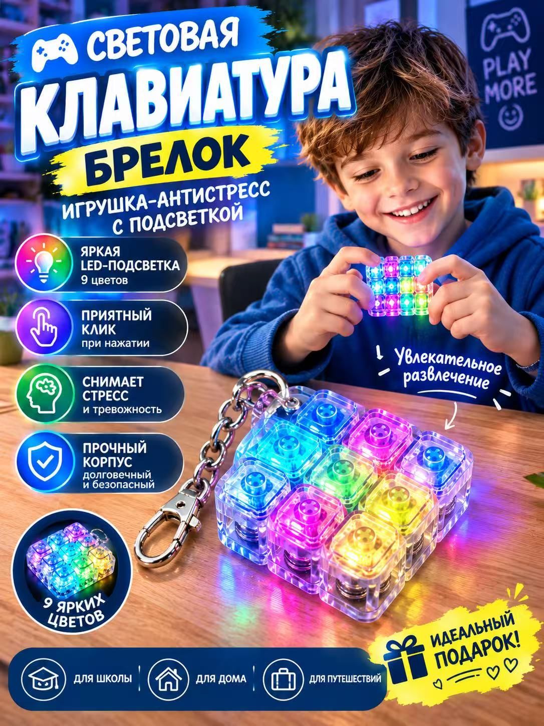 Игрушка-антистресс клавиатура, 9 кнопок с подсветкой-светящийся брелок кликер на рюкзак,