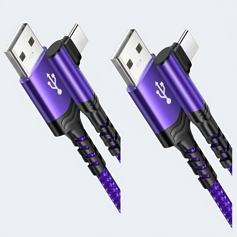 Кабель USB-Type C для быстрой зарядки 60 Вт, 2 шт, нейлоновая оплетка, Г-образный коннектор, длина 200 см, фиолетовый, для смартфонов и планшетов