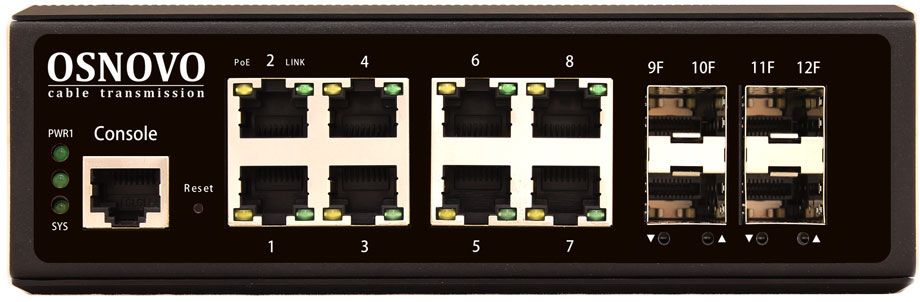 OSNOVO Промышленный гигабитный L2+ коммутатор на 12 портов , 8*10/100/1000Base-T, 4*SFP 1000Base-X, БП опционально