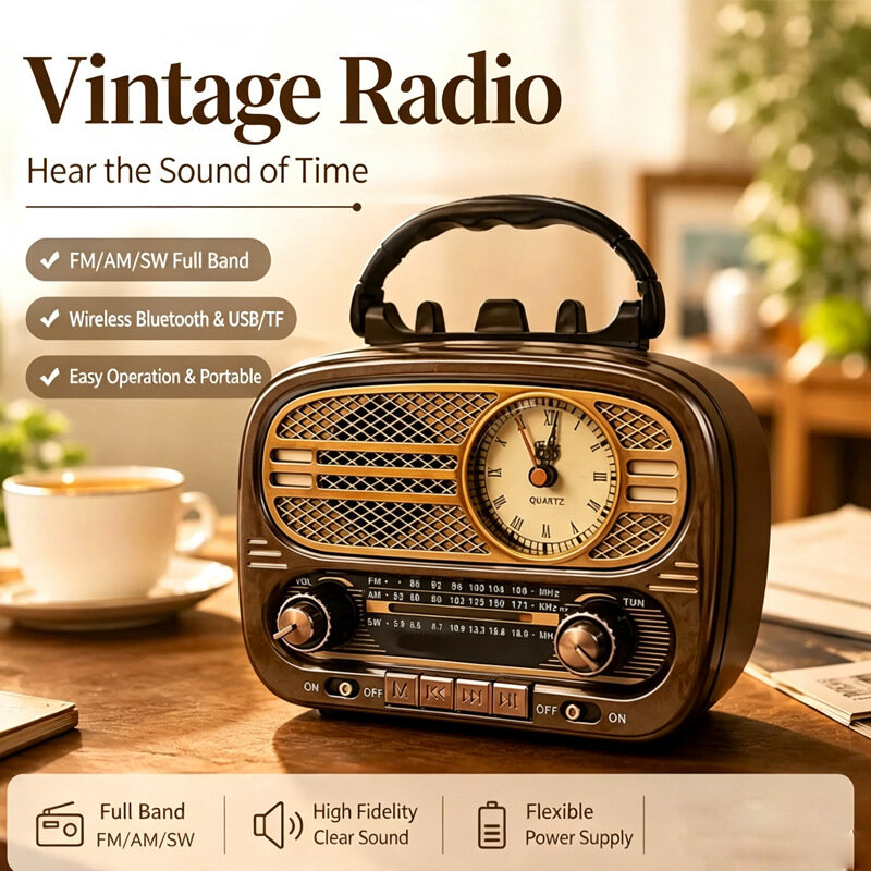 Ретро-радио с часами, динамик Bluetooth, портативное многодиапазонное FM-радио, компьютерное аудио