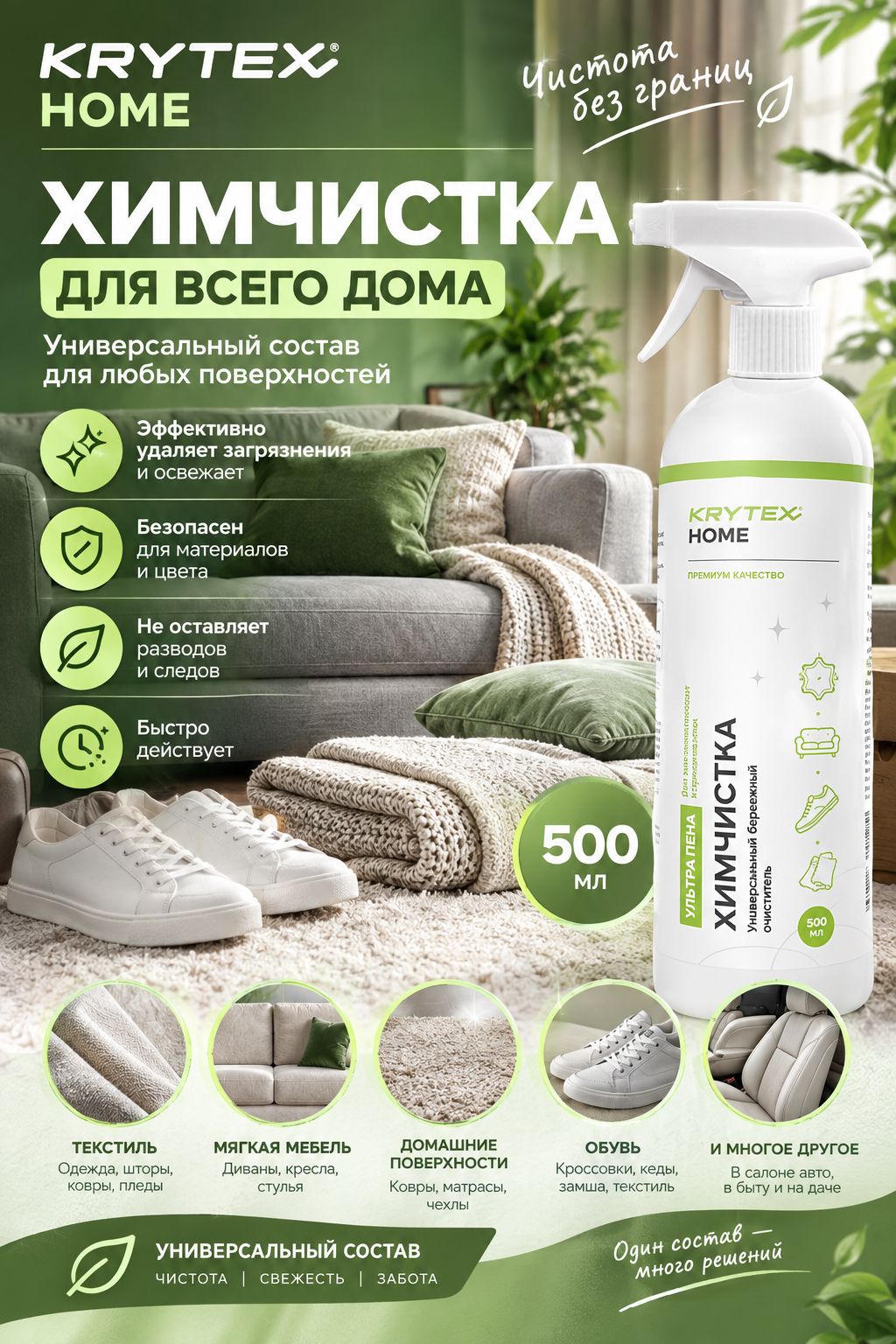 Универсальный бережный очиститель KRYTEX химчистка для мебели и салона автомобиля
