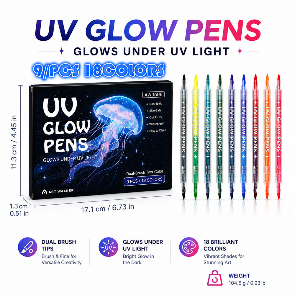 18 Цветов UV Светящиеся Ручки для Рисования на Теле, Двусторонние Маркеры для Лица, Набор для Детей, Вечеринки, 9 Штук