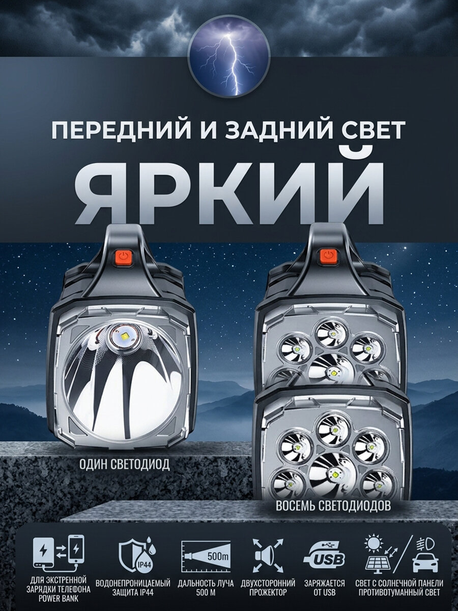 Фонарь UBS-201, многофункциональный, USB-зарядка + повербанк, дальность освещения 500м