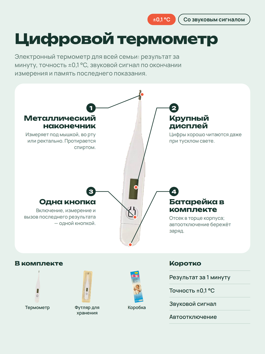 Электронный цифровой термометр для детей и взрослых со звуковым сигналом и футляром