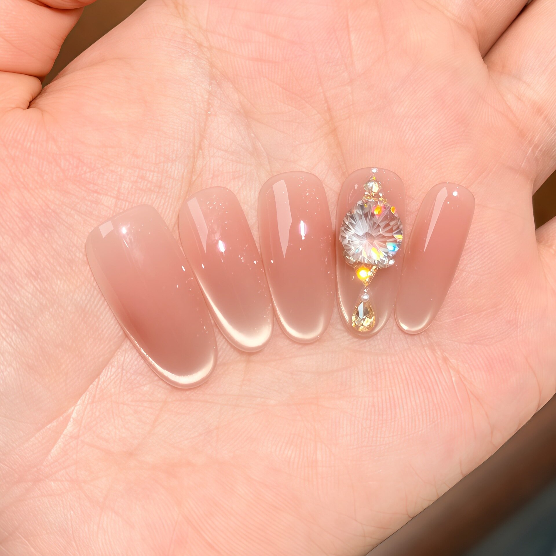 Накладные ногти nude pink с эффектом кошачьего глаза, короткие овалы 2.0 см, размер L, с кубическим цирконием, ручная