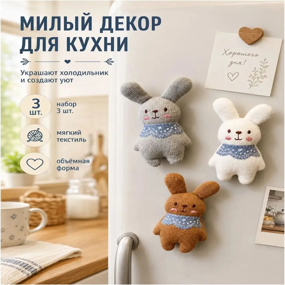 Эксклюзивный набор из трех мягких текстильных магнитов в форме зайчиков для холодильника