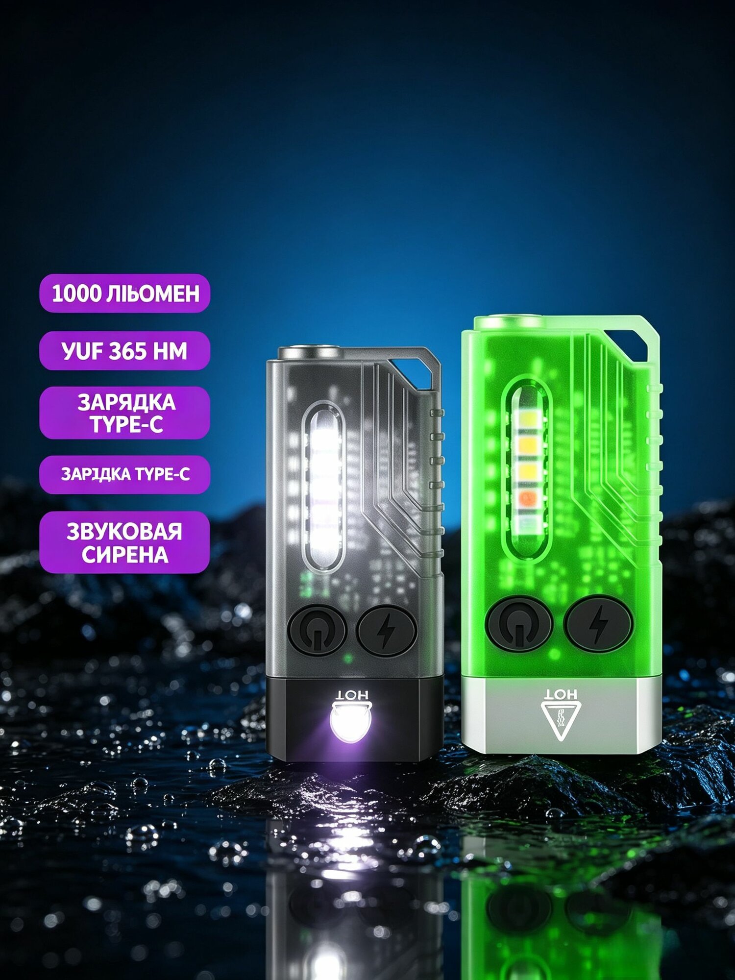 Мини фонарь EDC брелок, магнитное крепление, Type C, УФ лампа 365 нм, звуковая сирена, многоцветная боковая подсветка, 1000 люмен