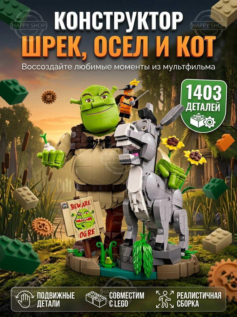 Конструктор Шрек, Осел и Кот в сапогах, 1403 детали, подарок мальчику набор для девочки