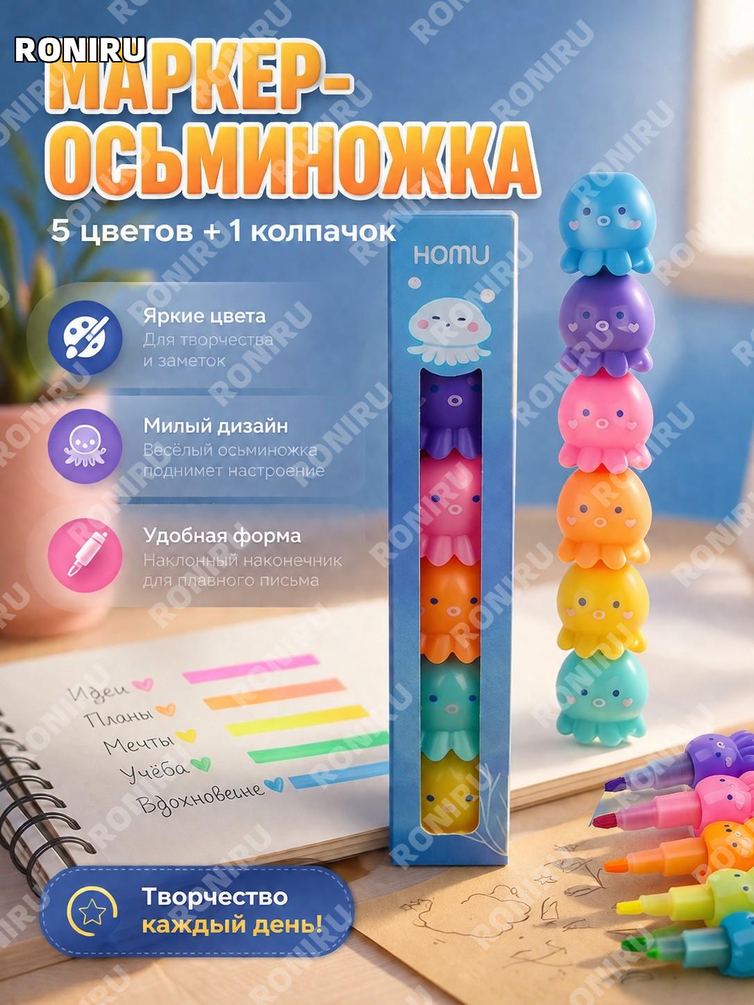 Флуоресцентный маркер осьминог 1 шт. 5 цветов, 1 крышка, косой наконечник, детский креативный для скетчей и заметок
