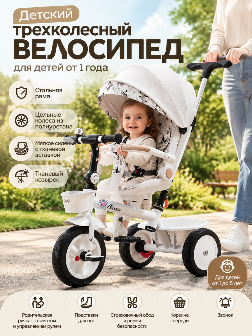 Трехколесный велосипед для детей от 1 года с родительской ручкой, козырьком и корзиной, белый