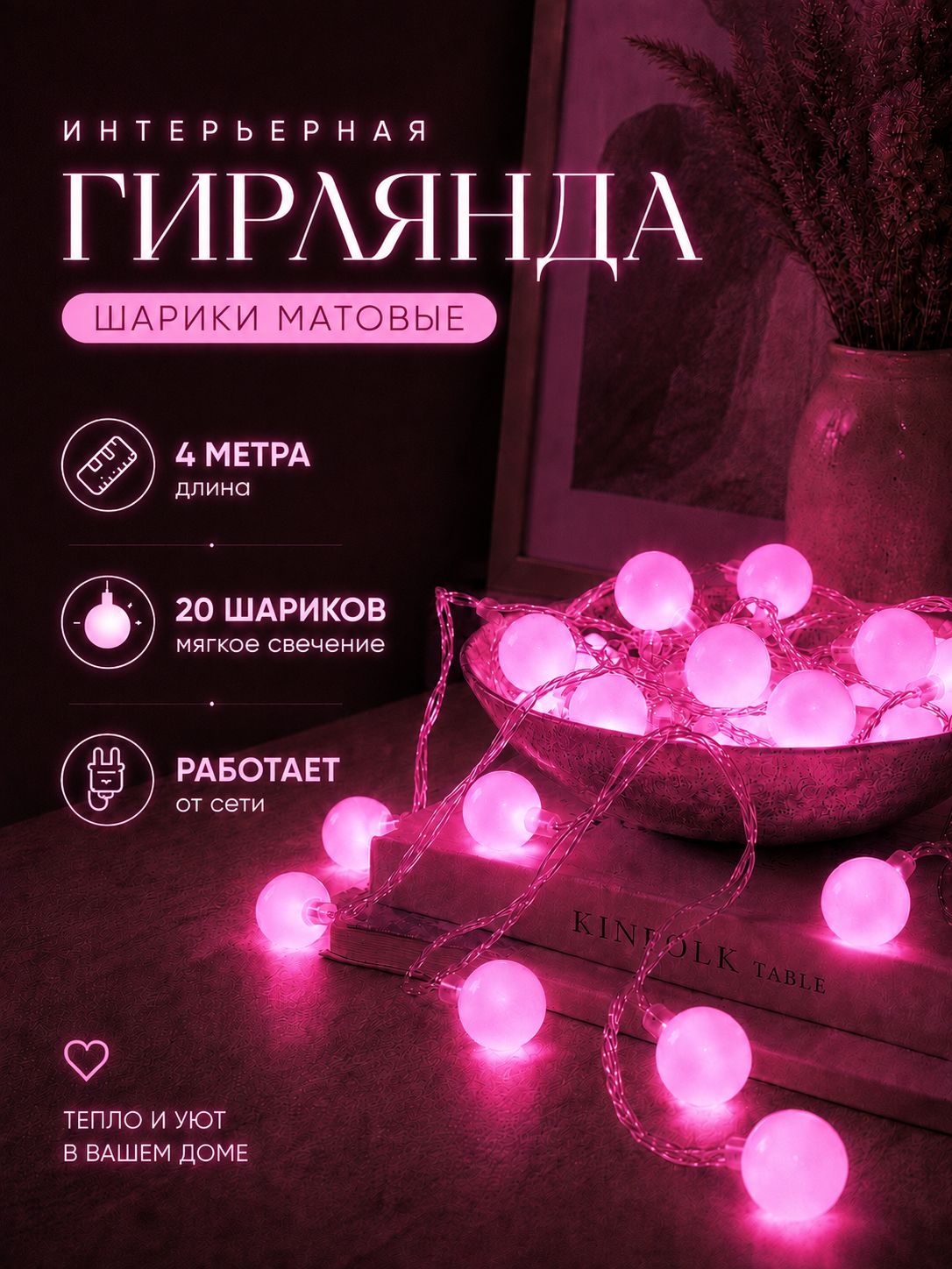 Гирлянда лампочки Шарики 4 м розовая