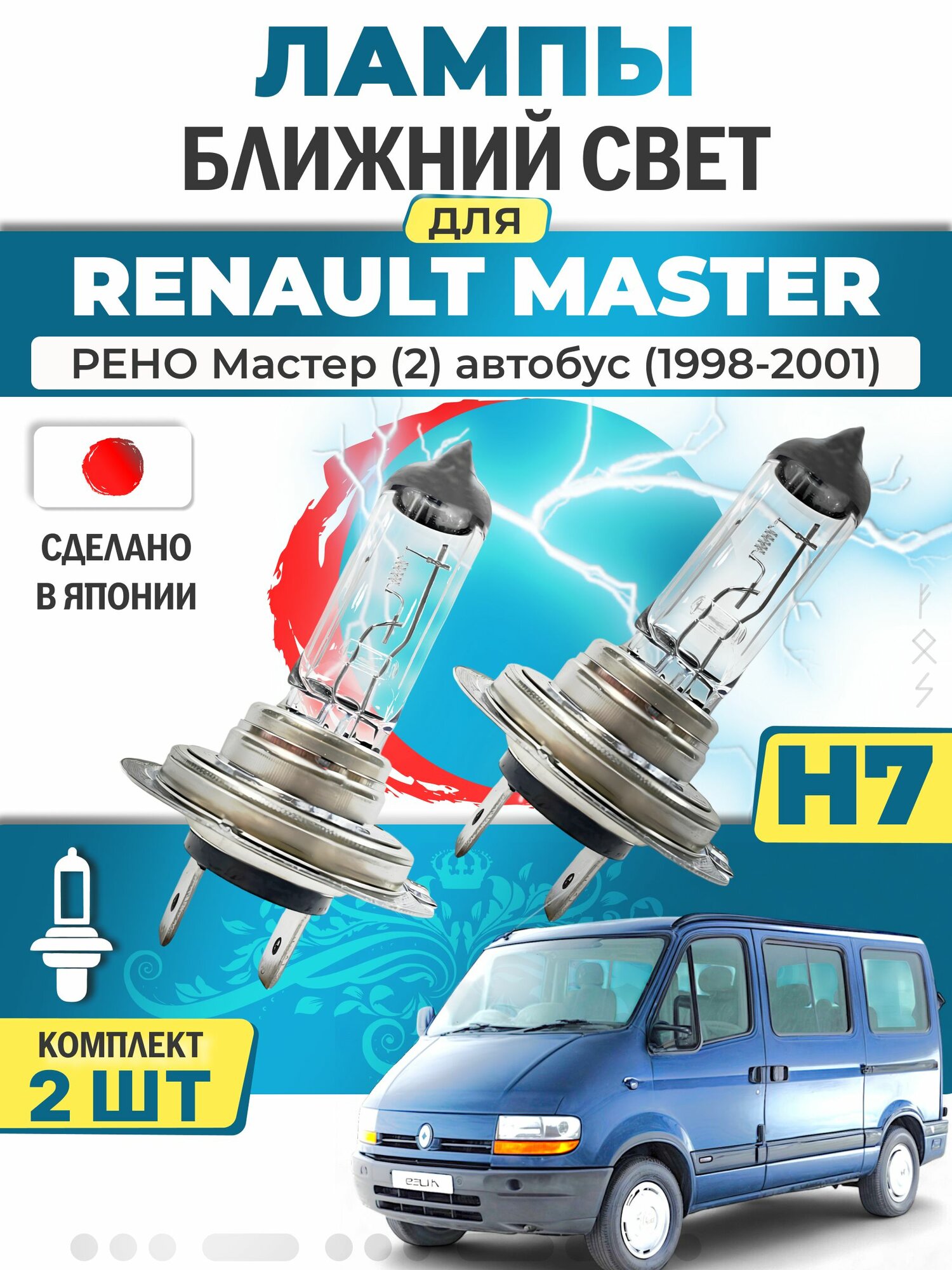 Японские лампы H7 (комплект 2шт) ближнего света для RENAULT MASTER II Bus 1998-2001 / рено Мастер (2) автобус, LYNXauto