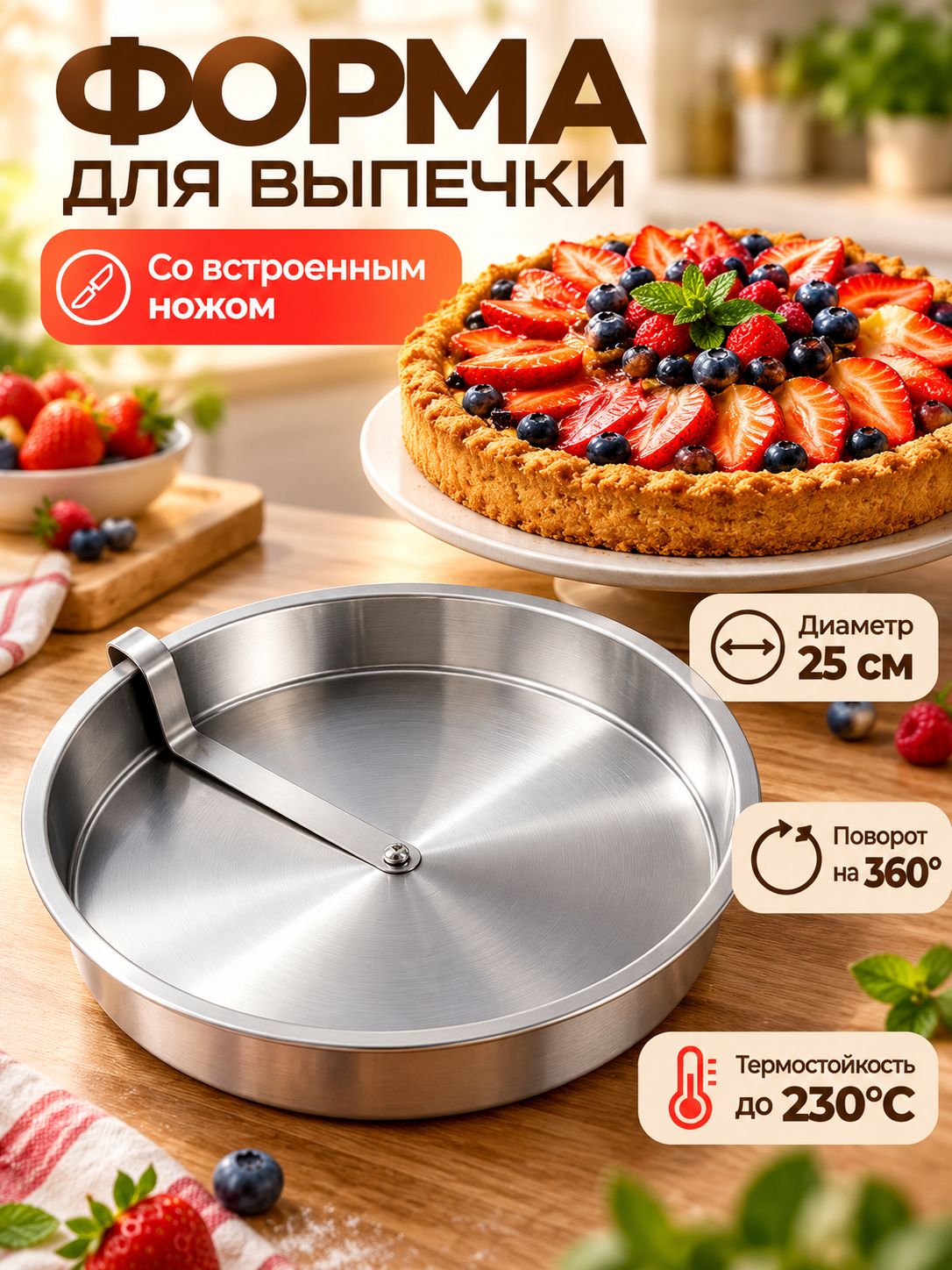 Форма для запекания, выпечки x 25 см 1 шт нержавеющая сталь круглая серебристый