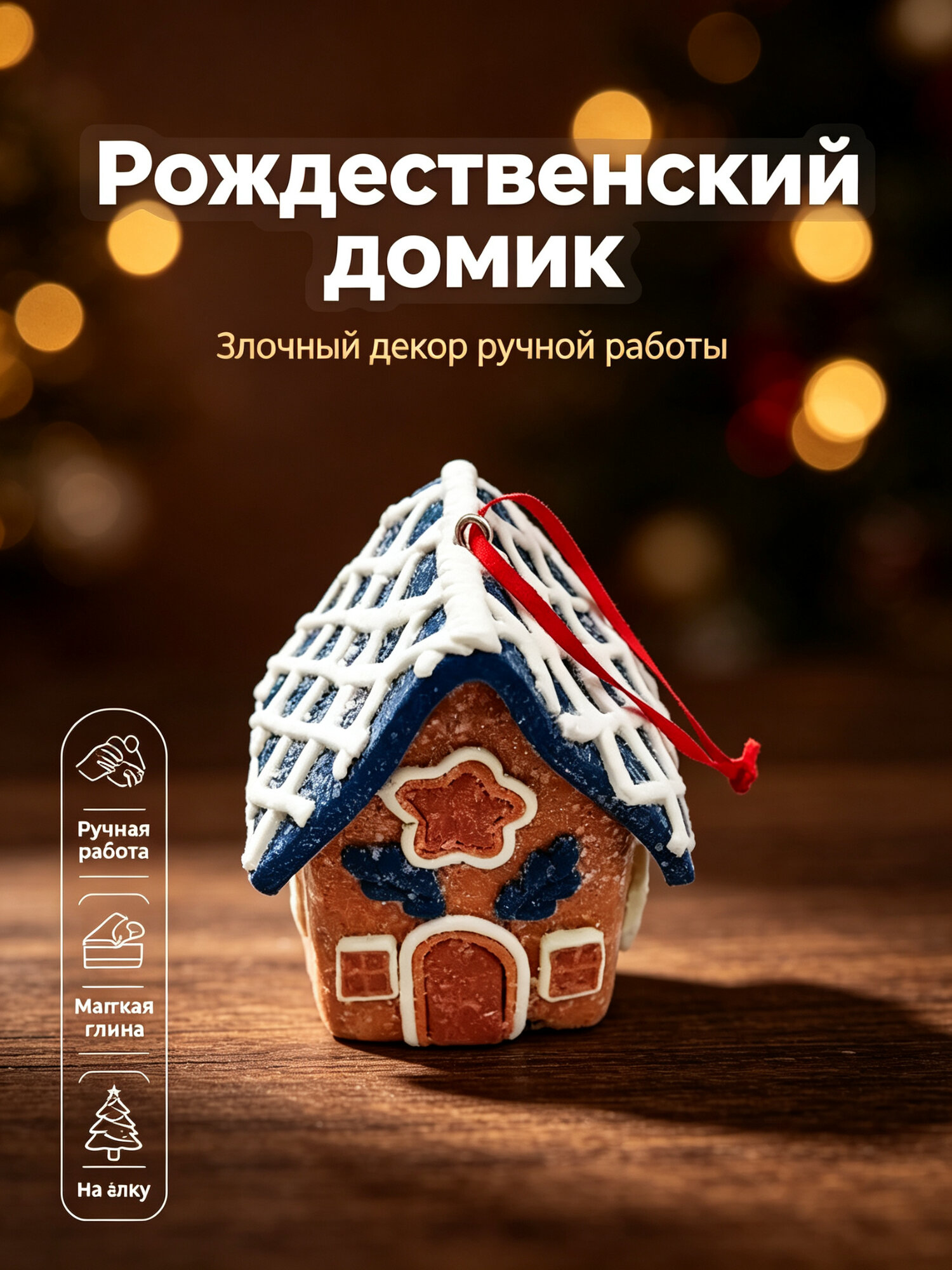 Рождественский домик, новогодний декор, ёлочная игрушка из мягкой глины, ручная работа, рождественские украшения