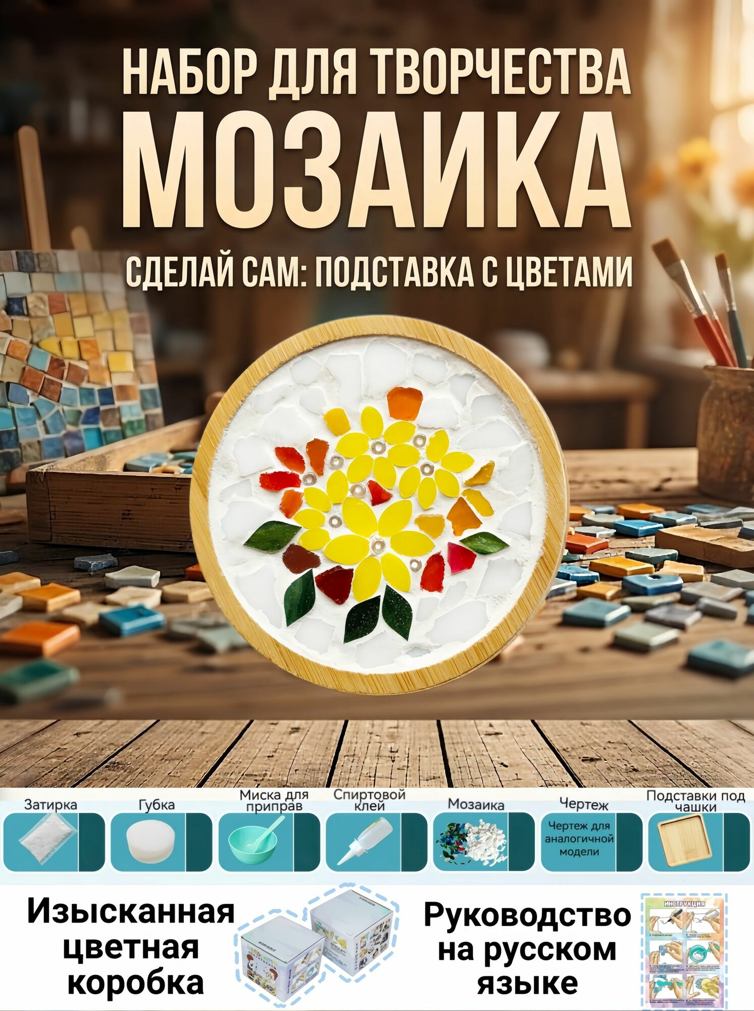 Набор для творчества DIY мозаика, деревянная подставка под кружку своими руками, рукоделие для детей и взрослых