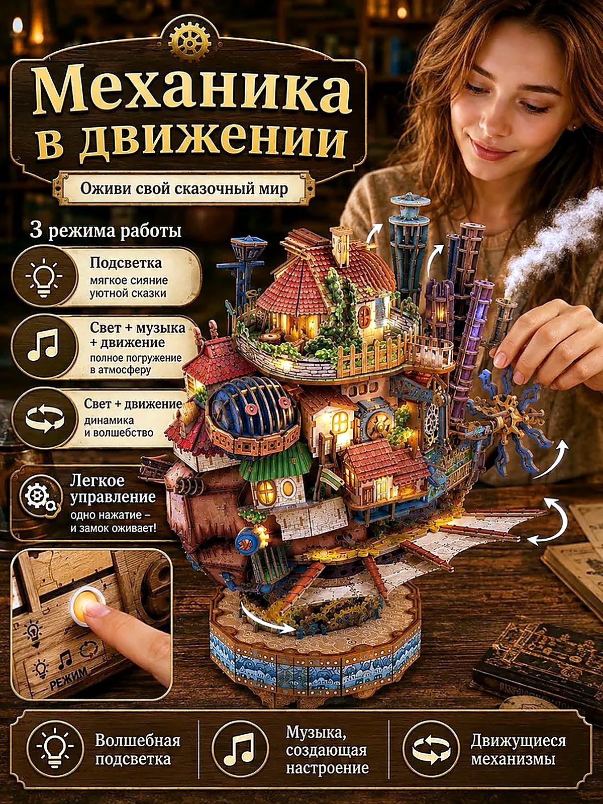 Ходячий замок Хаула, деревянный 3D-конструктор механический странствующий замок, сборная модель с подсветкой
