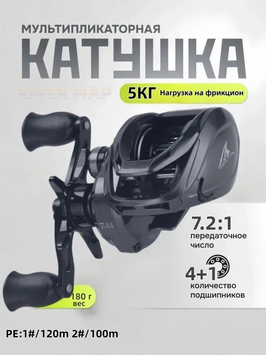 Мультипликаторная катушка, диаметр 32 мм, передаточное число 7.2:1, под левую руку, черная