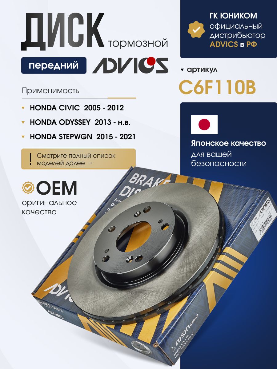 Диск тормозной передний HONDA CIVIC FN / FK (06-12), EDIX BE (04-09) ADVICS C6F110B
