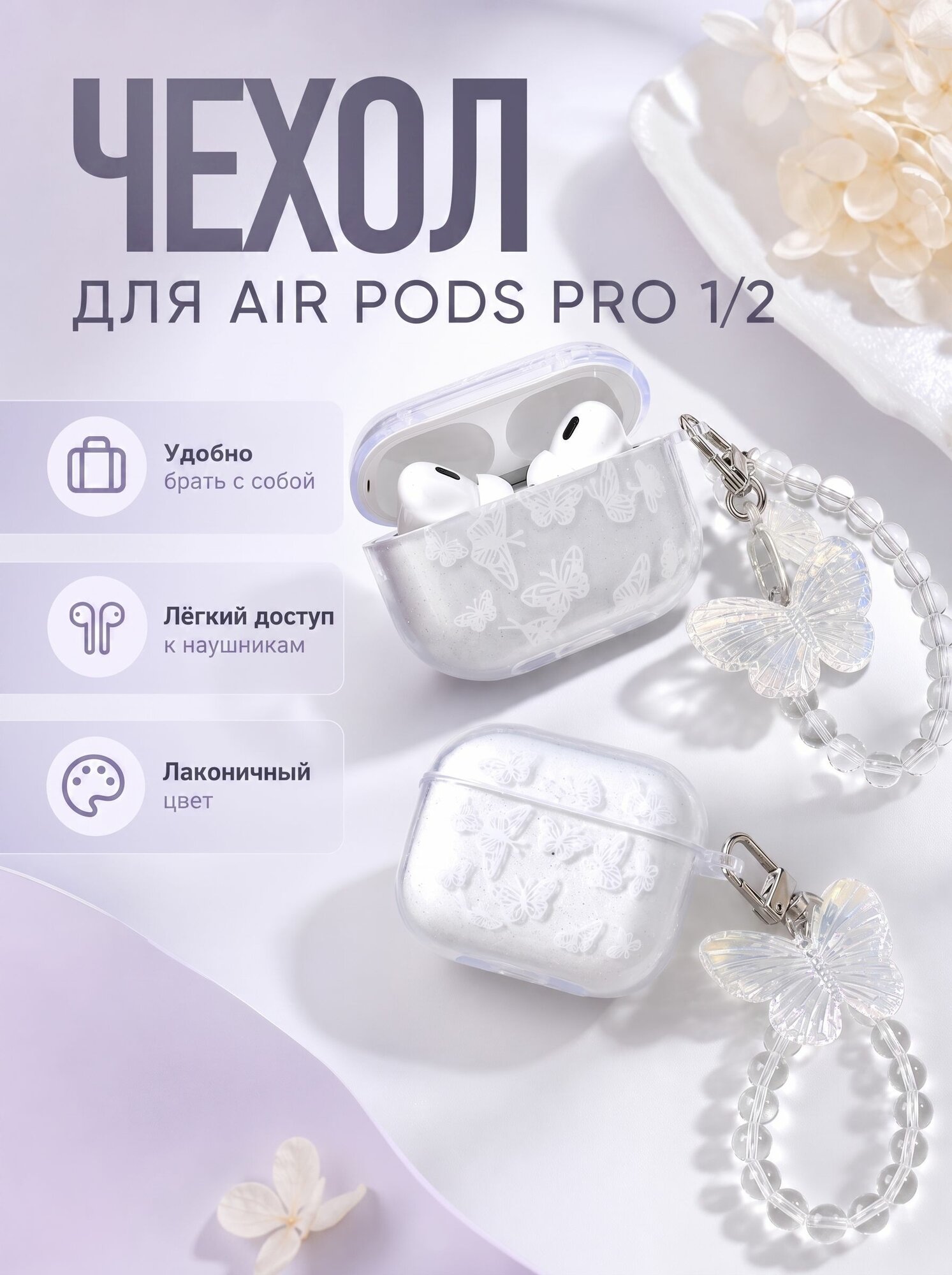 Чехол AirPods Pro и Pro2 Прозрачный / Защитный чехол для Аирподс Про 2 Бабочки