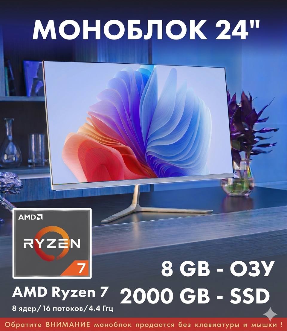 24" Моноблок Ryzen 7-5800U (8 ядер/16 потоков/4.4 Ггц) 8GB, SSD 2000GB