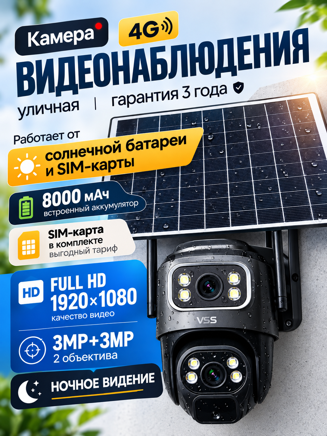 Камера видеонаблюдения 4G уличная на солнечной батарее, для дома, стильная, 2 объектива, ночное видение, поворотная