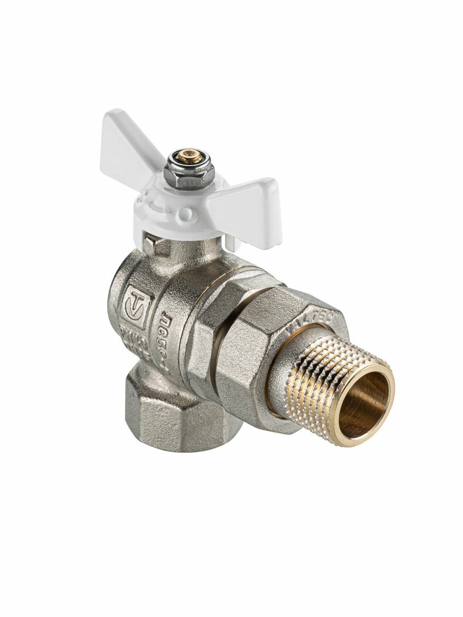 Кран шаровый 1/2"ВН VALTEC base-ГОСТ угловой со сгоном с белой бабочкой DN15, PN40, VT.228S. NW.04