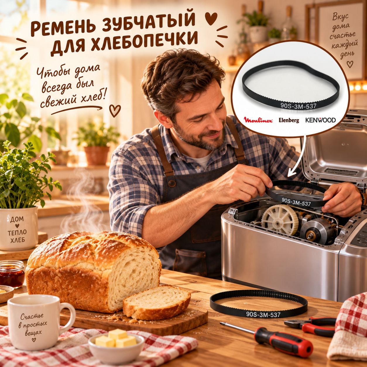 Ремень для хлебопечки Moulinex L537мм, Z179, зубчатый 90S3M537, ширина 9.1мм, совместим с Elenberg Kenwood (1 шт)