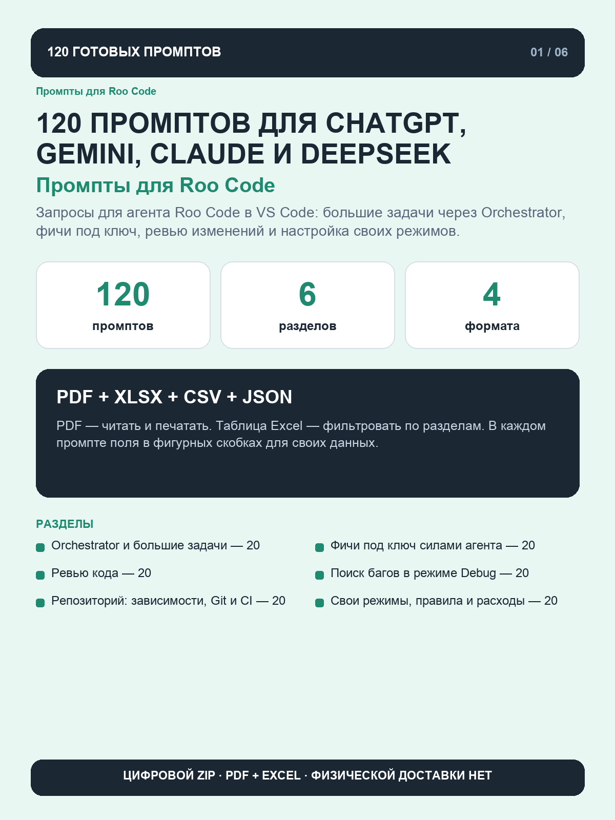 Промпты для Roo Code: 120 запросов для больших задач, ревью кода и своих режимов в VS Code, цифровая книга PDF A4