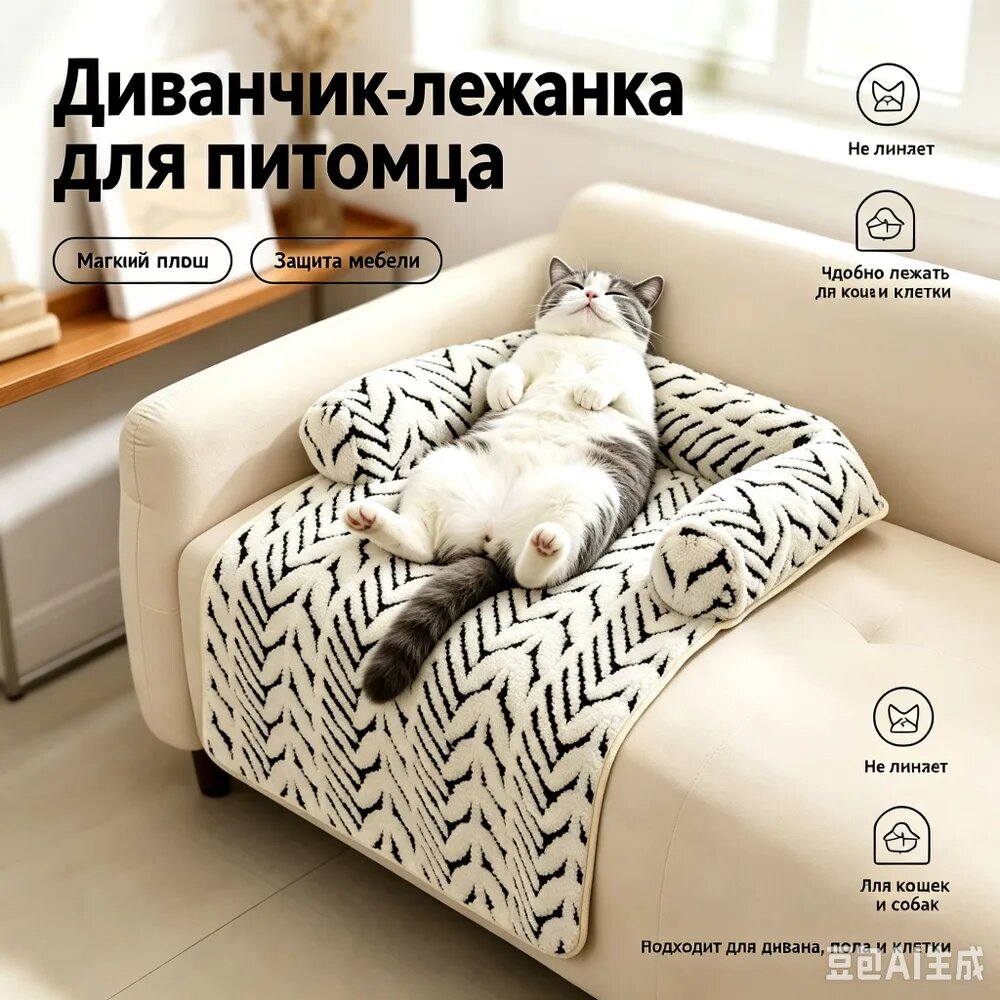 Диван-лежанка для кошек и мелких собак с узором зебра, плюшевая подстилка с бортиками, противоскользящее дно, защита мебели от шерсти, моющаяся