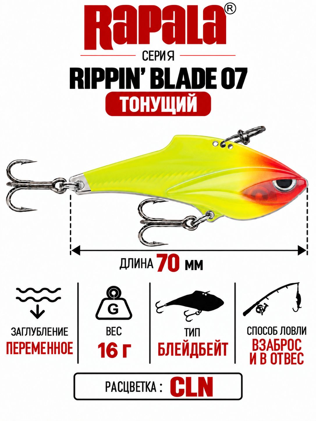 Воблер RAPALA Rippin' Blade 07 CLN тонущий 7см, 16гр