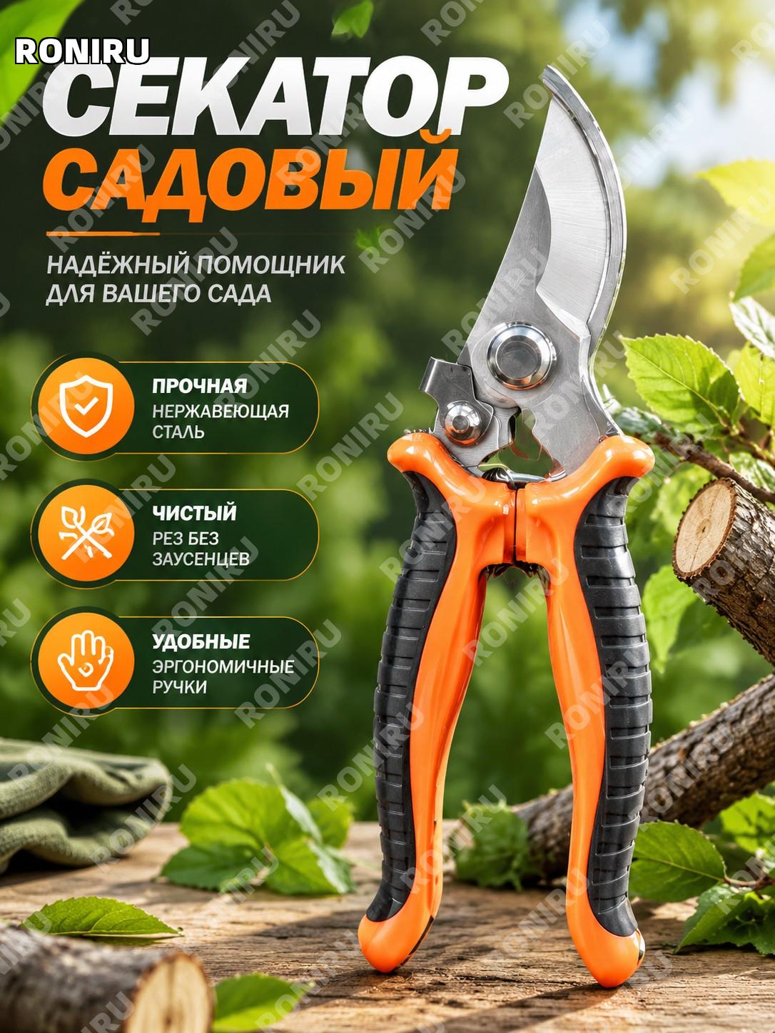 Секатор для веток 3.0 садовые ножницы оранжево-черные в блистерной упаковке для обрезки деревьев и сада и кустов
