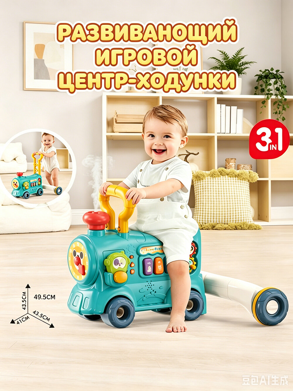 Ходунки каталка 3 в 1, пластик, 6 колёс, музыкальные, зелёные