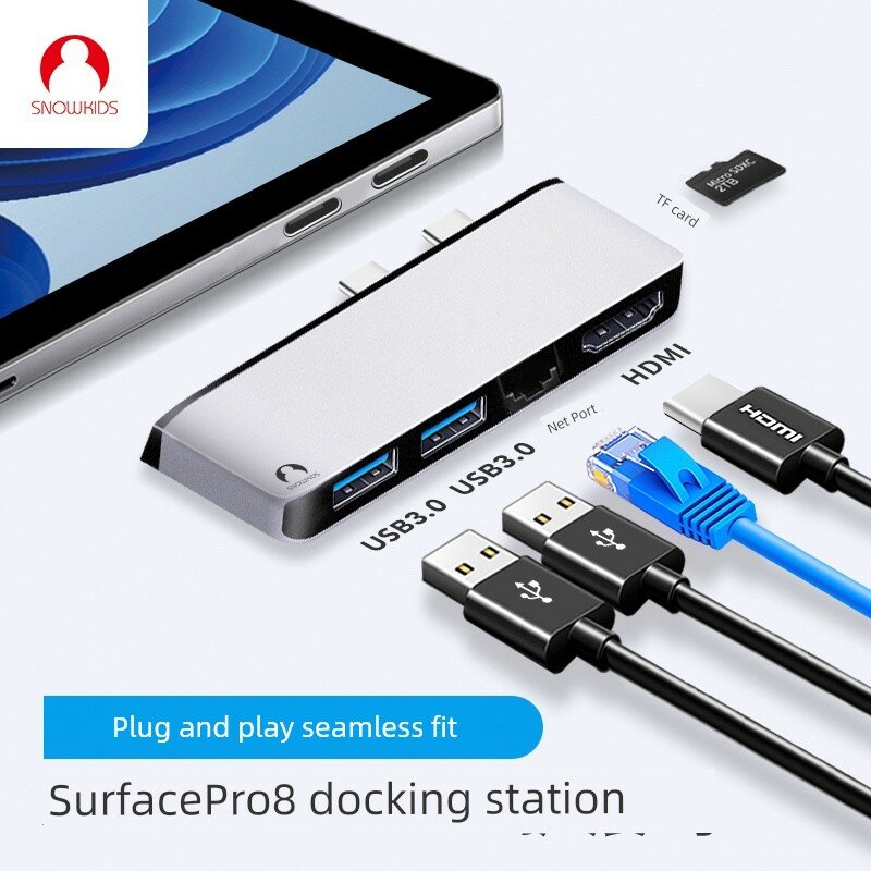 Док-станция для Surface Pro 8 с сетевым портом, HDMI, 2 USB, слотом для TF - матовый серебристый