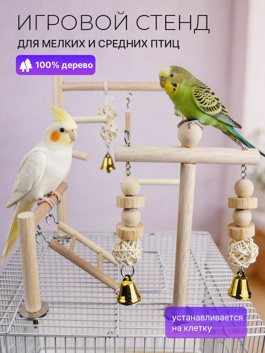 Игровой стенд для попугаев и птиц / Деревянная игровая площадка в клетку с качелями и лесенкой / Развивающий комплекс для волнистых попугаев, кореллы, неразлучников
