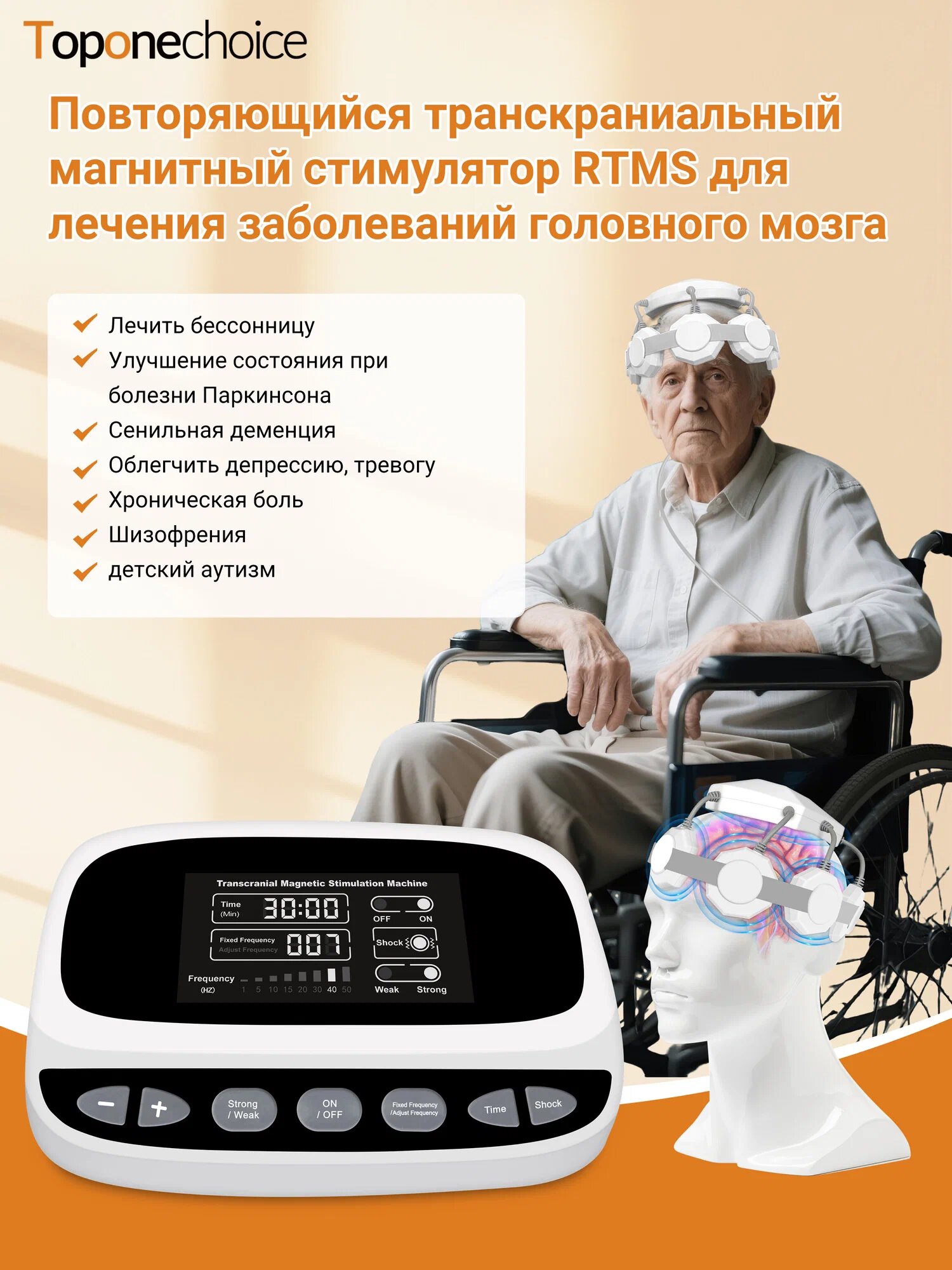 Аппарат магнитной стимуляции мозга rTMS для реабилитации после инсульта, Паркинсона