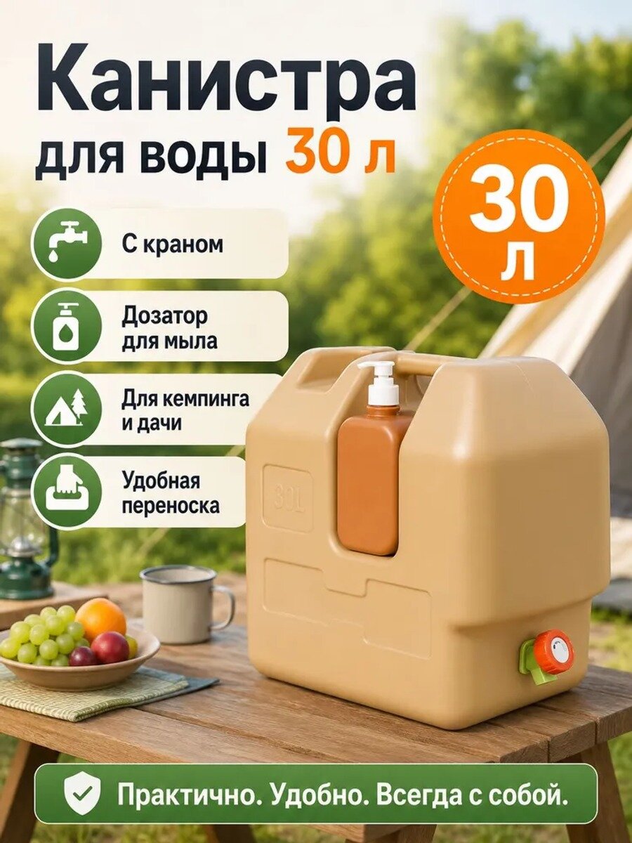 Канистра для воды с краном 30л и дозатором мыла Портативный резервуар для воды для кемпинга chaoyounengli