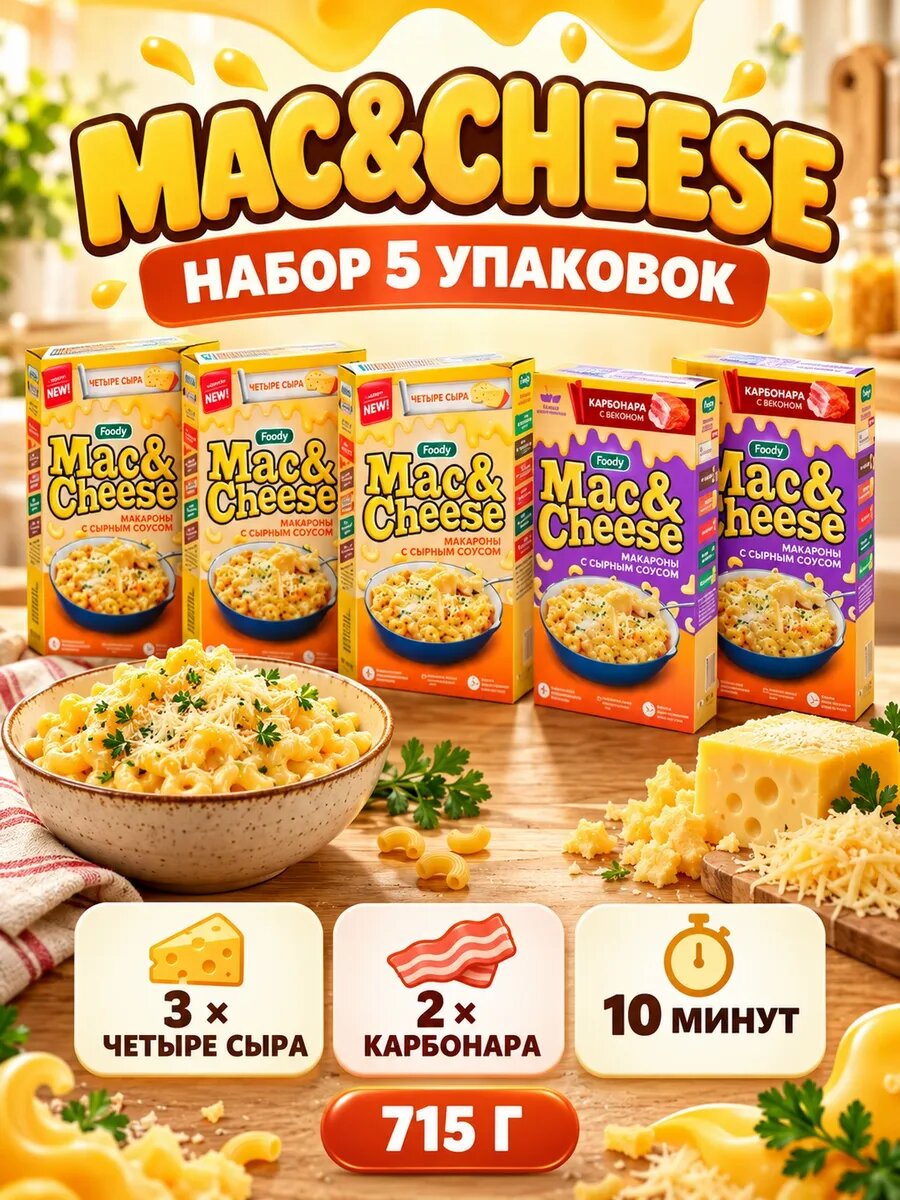 Макароны Mac&Cheese 4 сыра ×3, Карбонара ×2 набор 5 шт 715 г