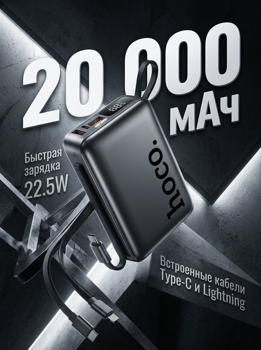 Powerbank hoco q39 20000 мАч, 22.5 Вт, серый, темно-серый