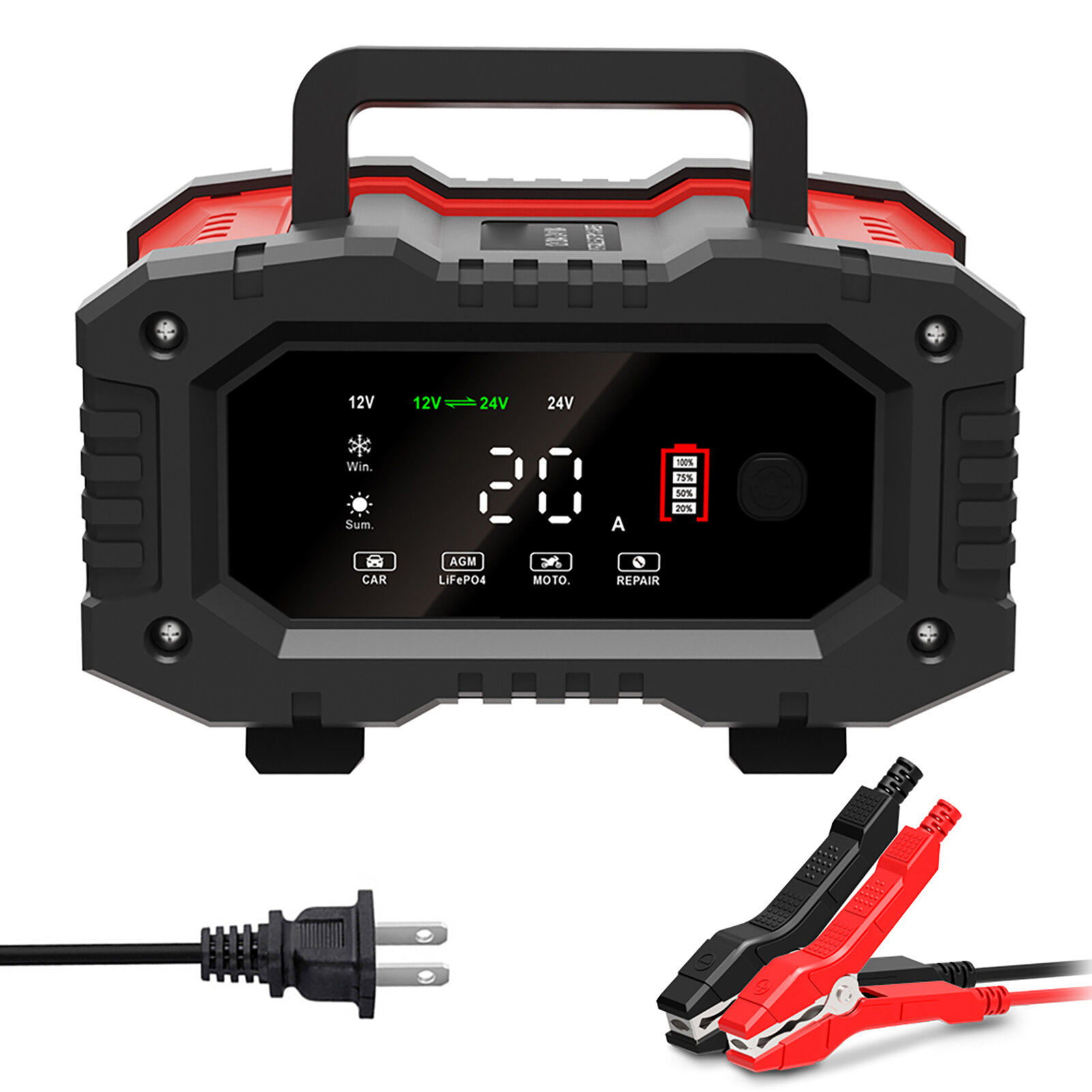 Автоматическое аккумуляторное зарядное устройство FOXSUR 300W, 12V/20A и 24V/10A, для автомобилей, мотоциклов и лодок, с защитой от перегрева