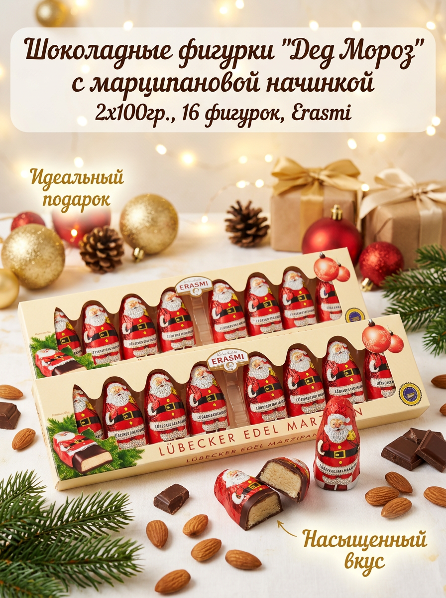 Шоколадные фигурки "Дед Мороз", с марципановой начинкой, 2уп по 100 гр, 16 фигурок, Erasmi