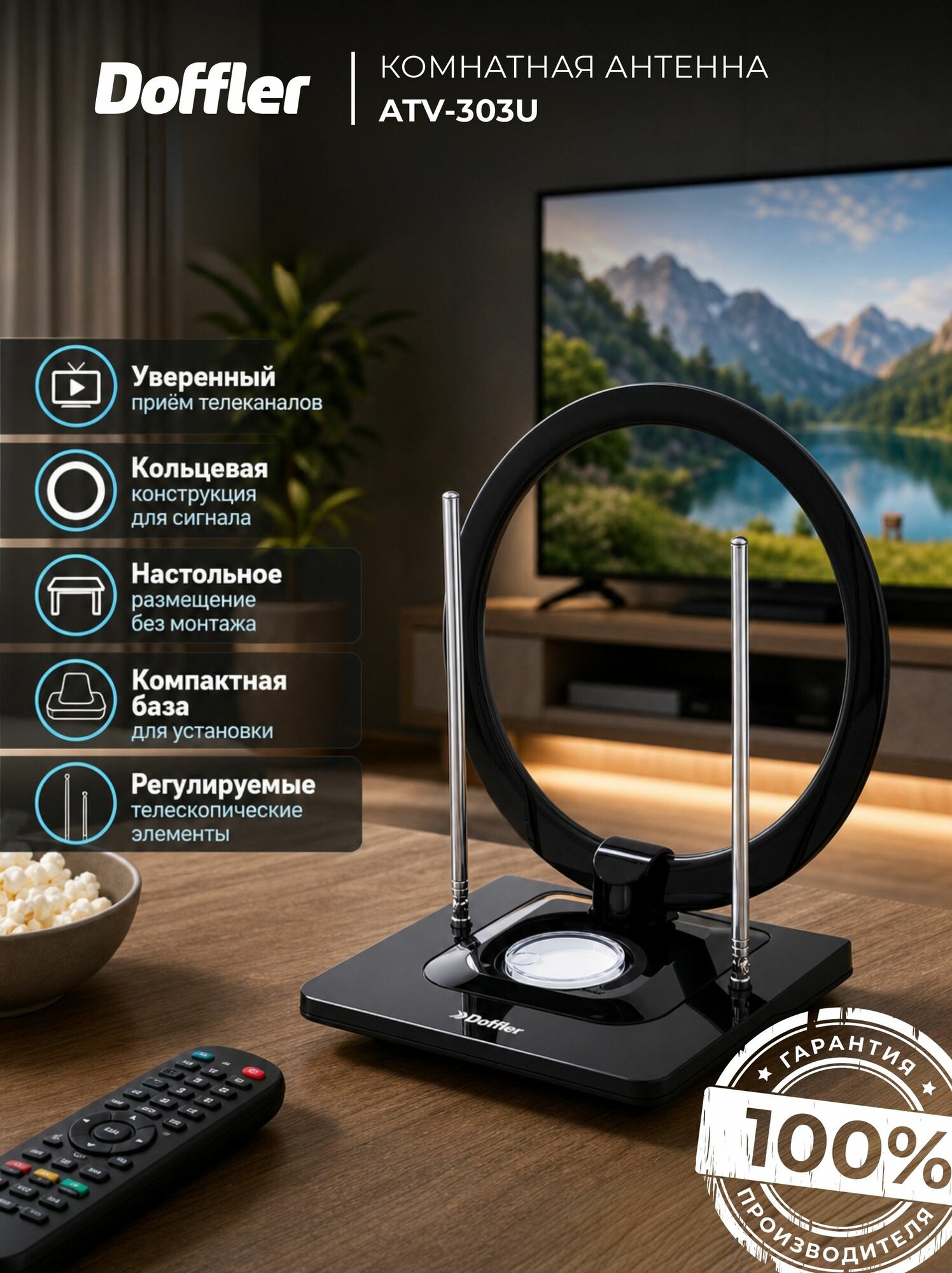 Антенна телевизионная комнатная DOFFLER ATV-303U, цифровая DVB-T2, UHF (ДМВ), VHF (МВ), DVB-T, активная, усиление ТВ сигнала 30 дБ, кабель 1,5 м, регулировка мощности усиления